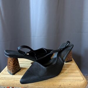 SHEIN Black Slingback Heels with Animal Print Block